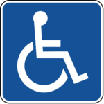 Universal accessibility icon, blue square with figure in wheelchair in the left