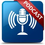 Podcast graphic- microphone with red banner which says podcast