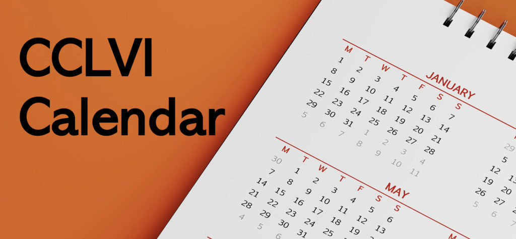 CCLVI Calendar logo with white paper calendar grid and orange background