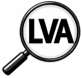 A black and white logo with a depiction of a round handheld magnifier with its handle pointing down diagonally to the left , displaying the letters LVA capitalized in bold black font within the magnifying glass.