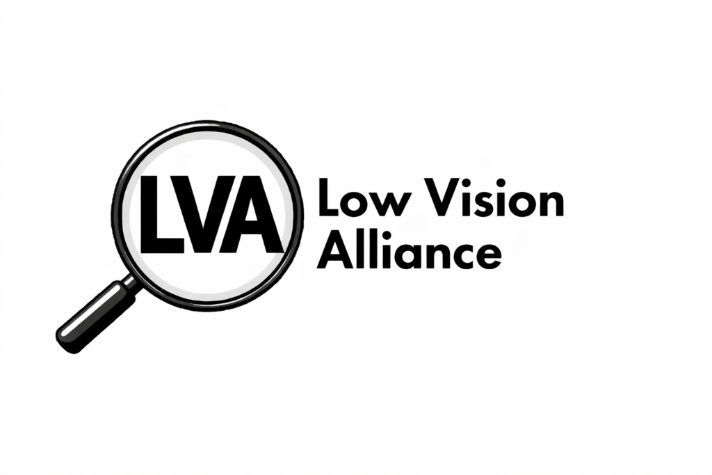 A black and white logo with a depiction of a round handheld magnifier with its handle pointing down diagonally to the left , displaying the letters LVA capitalized in bold black font within the magnifying glass.