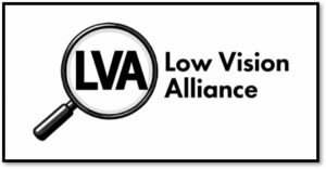 A black and white logo with a depiction of a round handheld magnifier with its handle pointing down diagonally to the left , displaying the letters LVA capitalized in bold black font within the magnifying glass.