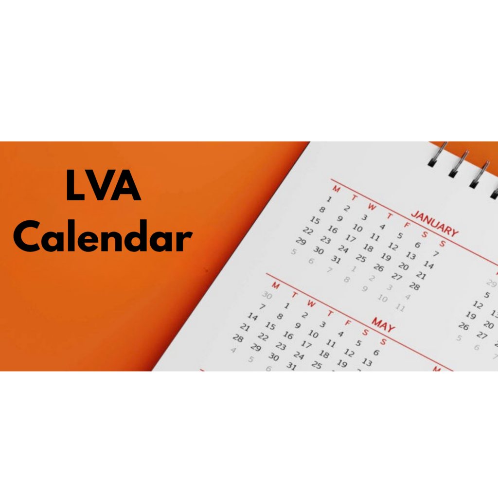 A rectangular image with the upper left corner of a calendar on the right side and the letters LVA and the word Calendar on the left side in black text on an orange background